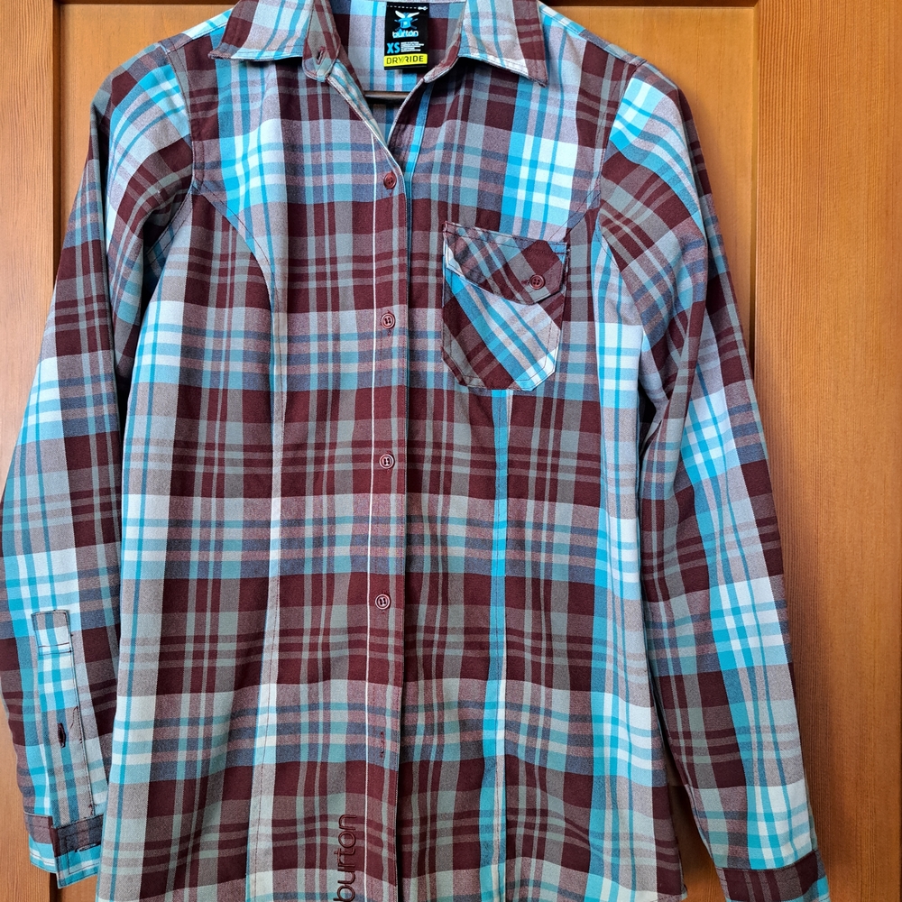 XS Burton DryRide Plaid Button Down Shirt - Blue, Brown, White